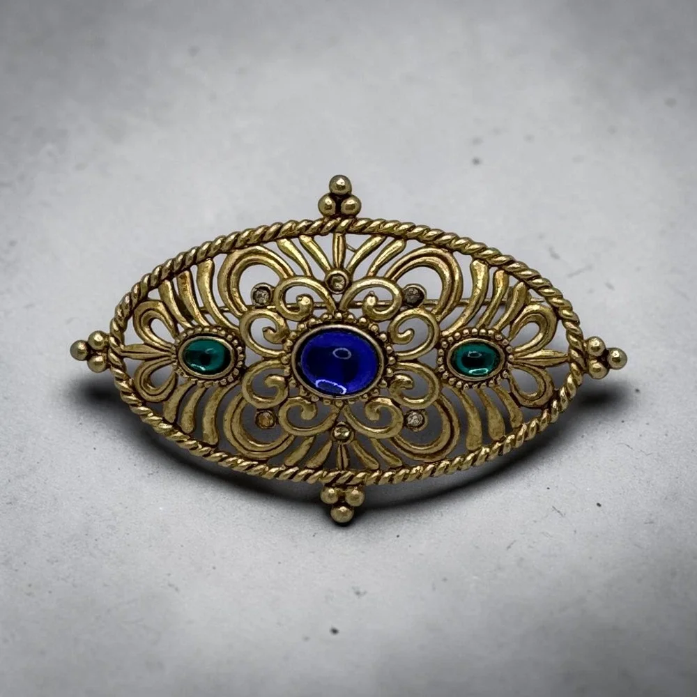 Vintage JJ Jonette Jewelry Gold Tone Filigree Blue Green Cabochon Brooch Pin